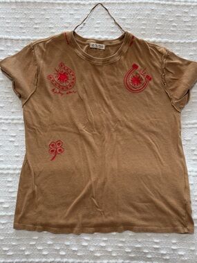 We The Free Tan Short Sleeve Tee with Red Embroidered Accents